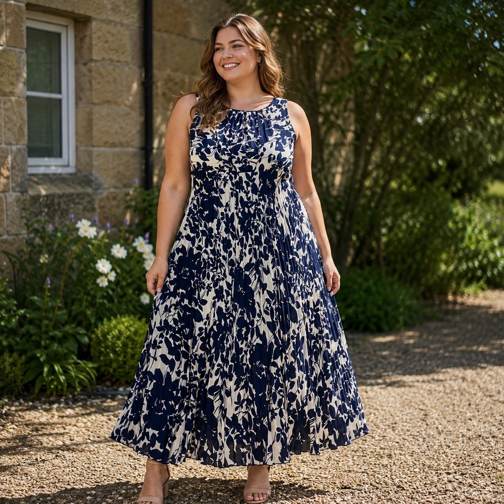 Jessica Howard Navy Floral Pleated Maxi Dress Sleeveless Size 12 Cottagecore